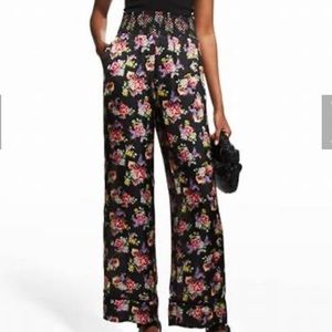 ALICE + OLIVIA SILKY HIGH WAIST PAJAMA PANTS IN BLACK FLORAL PRINT SIZE SMALL